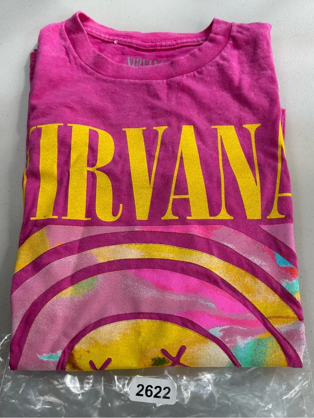 Nirvana Unisex T-Shirt Large Pink Yellow Rainbow Smiley Short Sleeve Graphic